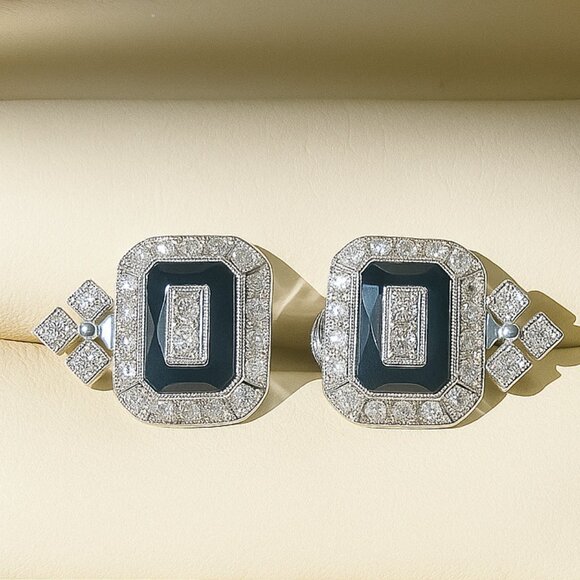 QJM 14K White Gold Natural Diamond & Onyx Earrings 1.5 CWT — Unworn Custom Made - Picture 1 of 5